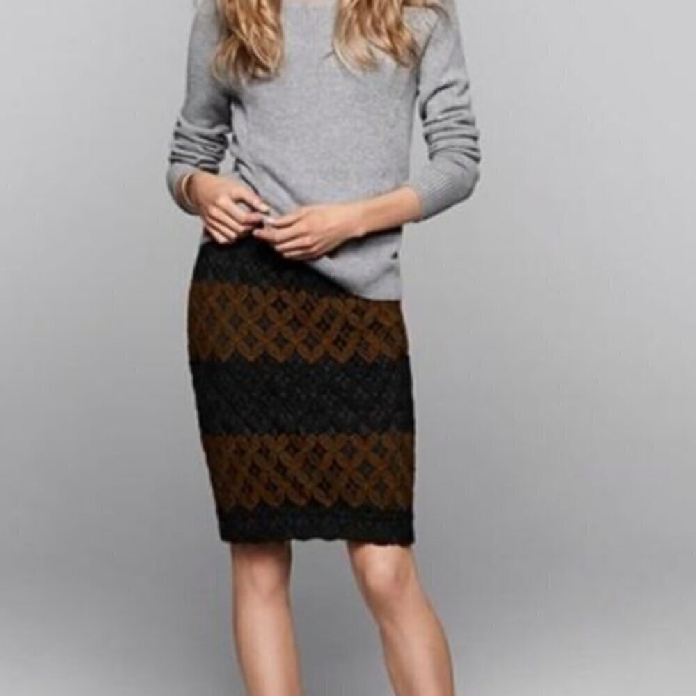 Ann Taylor Loft Black Brown Floral Crochet Overlay Above Knee Pencil Skirt Sz 6